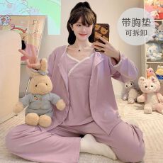 德绒睡衣女秋冬季三件套吊带带胸垫长袖加肥220斤家居服