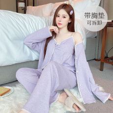 慕斯羊绒睡衣女秋冬季吊带带胸垫三件套加肥230斤家居服