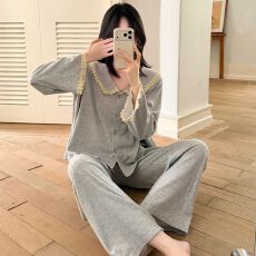 冬季睡衣女新款慕斯羊绒花边休闲两件套家居服