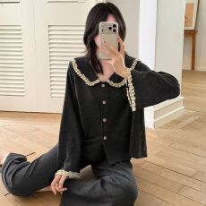 冬季睡衣女新款慕斯羊绒花边休闲两件套家居服