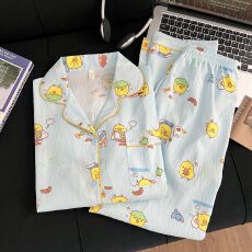 春秋季直播爆款新睡衣女士双长开衫翻领创意简约印花云朵棉