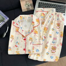 春季直播爆款新睡衣女士双长开衫翻领创意简约印花云朵棉