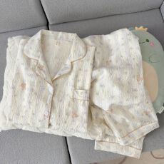 春秋季直播爆款新睡衣女士双长开衫翻领创意简约印花云朵棉