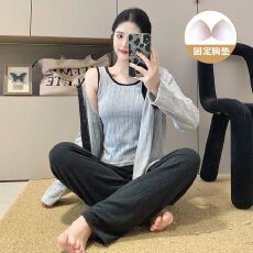 批发实拍爆款秋冬羊绒带胸垫吊带长袖<b class='q'>三件套</b><b class='q'>睡衣</b>女韩系撞色套装