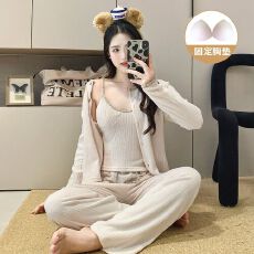 批发实拍爆款秋冬羊绒带胸垫吊带长袖<b class='q'>三件套</b><b class='q'>睡衣</b>女韩系撞色套装