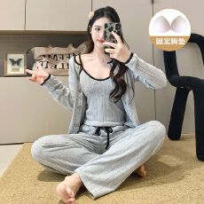 批发实拍爆款秋冬羊绒带胸垫吊带长袖<b class='q'>三件套</b><b class='q'>睡衣</b>女韩系撞色套装