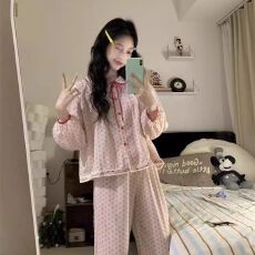 批发云朵棉 韩版甜美波点睡衣女春秋薄款娃娃领长袖开衫