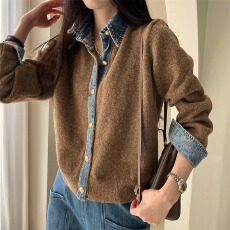 批发<b class='q'>韩版</b>加厚百搭假两件牛仔拼接翻领针织开衫女冬季<b class='q'>毛衣</b>打底上衣外套