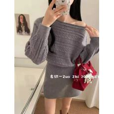 批发温柔韩系风麻花斜肩一字领露肩针织衫女秋冬收腰蝙蝠<b class='q'>长袖</b>短款毛衣
