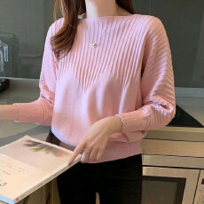 批发2026秋冬针织打底衫女上衣宽松慵懒风一字领套头外穿毛衣女<b class='q'>蝙蝠衫</b>