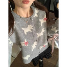 批发韩版蝴蝶结小狗立体提花圆领针织衫女春单排扣<b class='q'>甜美</b>毛衣开衫外套