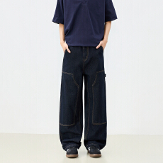 批发美式复古垂感拖地工装秋冬新款男女同款宽松舒适美式复古牛仔阔腿