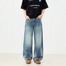 美式复古新款男女同款牛仔长裤秋冬做旧百搭舒适拖地裤纽扣纹理