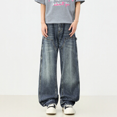 批发美式复古弯刀裤牛仔长裤男女同款秋冬新款宽松垂感舒适拖地百搭