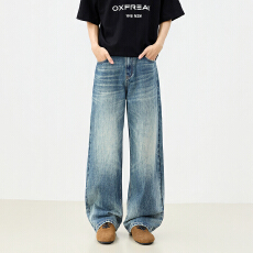 批发美式复古新款男女同款牛仔长裤秋冬做旧百搭舒适拖地裤纽扣纹理