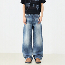 批发美式复古蓝潮流日常百搭长裤设计感新款秋冬男女同款宽松牛仔裤