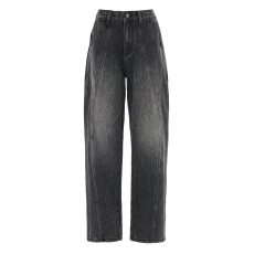 批发美式复古男女同款宽松水洗牛仔长裤舒适百搭新款秋冬褶皱垂感拖地