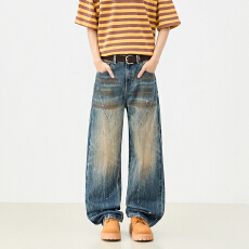 批发美式复古做旧图案设计男女同款<b class='q'>春</b>夏宽松褶皱斑点拖地长裤牛仔裤