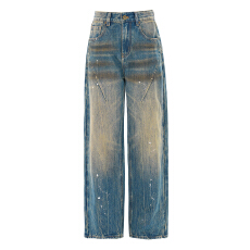 批发美式复古做旧图案设计男女同款<b class='q'>春</b>夏宽松褶皱斑点拖地长裤牛仔裤