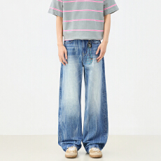 批发美式复古爆裂纹春<b class='q'>夏</b>蓝色牛仔裤男新款百搭直筒裤宽松长裤男女同款