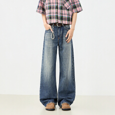 批发春<b class='q'>夏</b>美式复古男女同款宽松牛仔裤复古蓝长拖地垂感日常百搭款新款