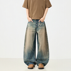 批发美式复古春<b class='q'>夏</b>复古牛仔裤垂感宽松弯刀裤水洗做旧阔腿长裤男女同款