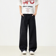 批发美式复古春夏男女同款慵懒褶皱垂感舒适宽松百搭新款牛仔长裤慵懒