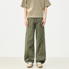 批发美式复古春夏男女同款慵懒褶皱垂感舒适宽松百搭新款牛仔长裤慵懒