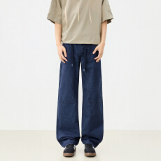 批发美式复古春夏男女同款宽松牛仔抽绳长裤舒适垂感百搭慵懒拖地褶皱