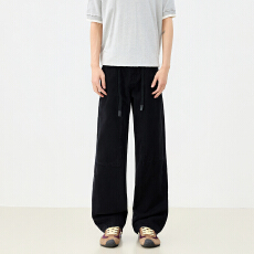 批发美式复古春夏男女同款宽松牛仔抽绳长裤舒适垂感百搭慵懒拖地褶皱