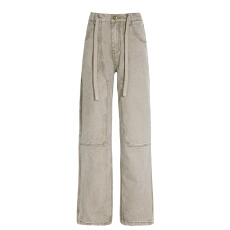 美式复古春夏男女同款宽松牛仔抽绳长裤舒适垂感百搭慵懒拖地褶皱