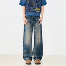 美式复古蓝休闲日常牛仔长裤新款秋冬男女同款舒适休闲百搭拖地