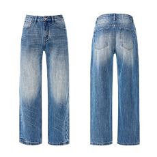 美式复古男女同款垂感舒适百搭牛仔长裤春夏新款水洗纹理显瘦拖地