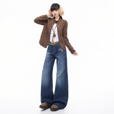 批发美式纹理设计感2025新款秋冬女生牛仔宽松长<b class='q'>裤</b>拖地日常百搭纽扣