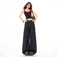 批发潮流冬季美式深蓝复古简约设计<b class='q'>阔腿裤</b>女宽松高腰显瘦牛仔长<b class='q'>裤</b>加绒