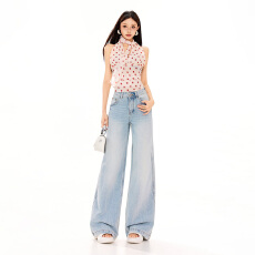 批发26ss 春夏美式浅蓝色设计感水洗宽松垂感阔腿直筒裤新款拖地裤子