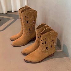 批发刺绣尖头V口中筒靴粗跟马丁靴女2025新款<b class='q'>夏</b>季镂空西部牛仔靴