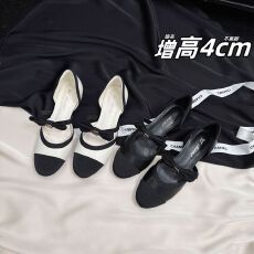 批发小香风圆头一字带增高4CM单鞋女2025夏季新款蝴蝶结拼色中空凉鞋