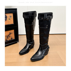 批发美拉德<b class='q'>显瘦</b>堆堆靴不过膝2025秋冬新款粗跟尖头西部牛仔靴长靴