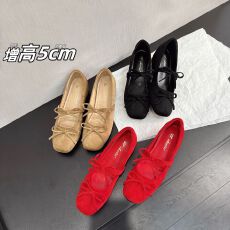 批发法式晚晚风绒面玛丽珍鞋2025新款增高5CM蝴蝶结一字带芭蕾单鞋女