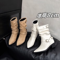 批发复古皮带扣粗跟尖头骑士靴女2025秋季新款增高8CM短筒显瘦堆堆靴