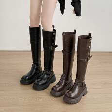 批发美拉德加绒厚底高筒靴女2025新款超火粗腿长筒靴大筒围显瘦骑士靴