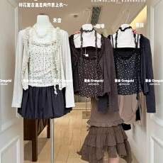 批发<b class='q'>日系</b>美衣早秋新款碎花气质吊带背心女木耳花边长袖开衫套装