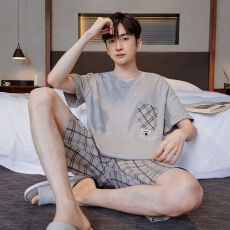 批发纯棉睡衣男夏季<b class='q'>短袖</b>短裤高级感全棉青少年大码夏天格子家居服套装