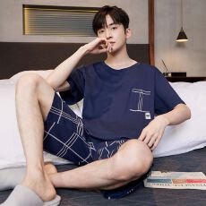批发纯棉睡衣男夏季<b class='q'>短袖</b>短裤高级感全棉青少年大码夏天格子家居服套装