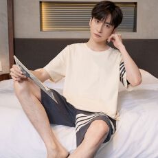 批发纯棉睡衣男夏季<b class='q'>短袖</b>短裤高级感全棉青少年大码夏天格子家居服套装