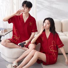 批发7A抗菌红色结婚<b class='q'>情侣</b><b class='q'>睡衣</b>套装夏季纯棉薄款短袖长裤<b class='q'>家居服</b>套装