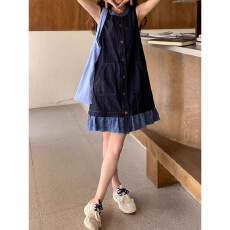 批发复古格子拼接牛仔连衣裙2025夏季小个子新款好看减龄无袖背心短裙