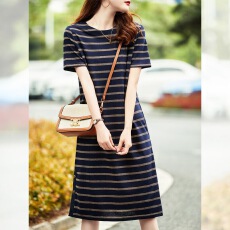 批发宽松休闲条纹<b class='q'>连衣裙</b><b class='q'>女</b>夏季新款<b class='q'>女</b>装洋气减龄圆领别致短袖T恤裙子