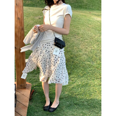批发法式A字高腰波点不规则荷叶边显瘦波点半身裙
